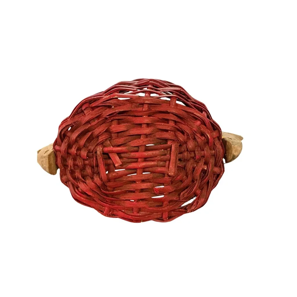 Vintage Hand Carved Wood Deer Handle Red Wicker Basket Rustic Folk Art 15x12x8.5